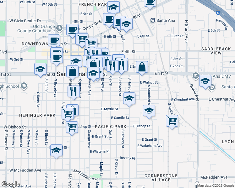 map of restaurants, bars, coffee shops, grocery stores, and more near in Santa Ana