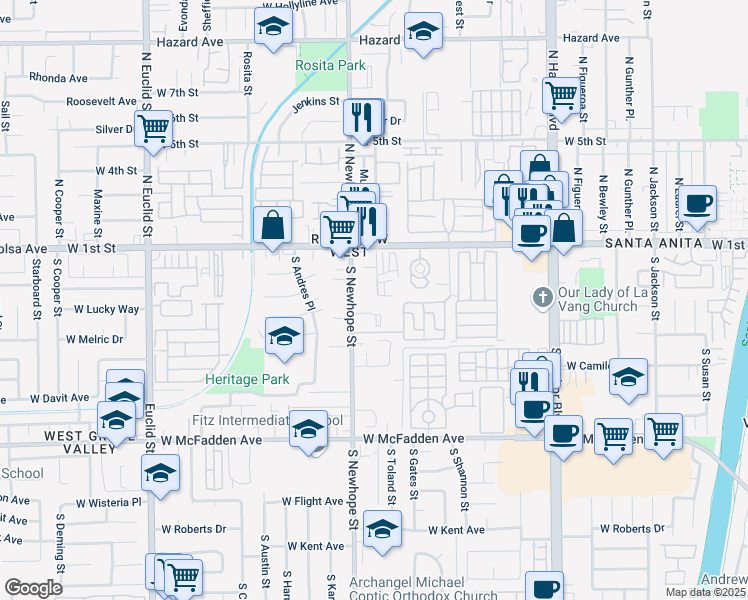 map of restaurants, bars, coffee shops, grocery stores, and more near 311 South Newhope Street in Santa Ana