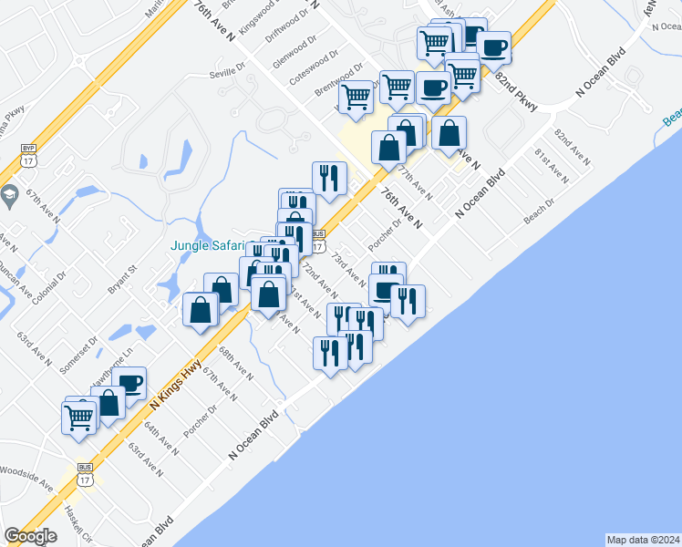 map of restaurants, bars, coffee shops, grocery stores, and more near 7200 Porcher Drive in Myrtle Beach