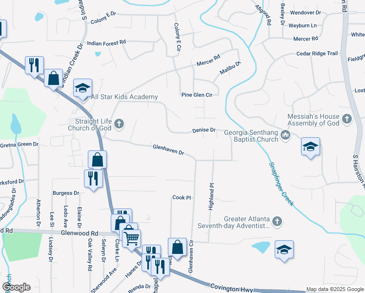 map of restaurants, bars, coffee shops, grocery stores, and more near 4353 Glenhaven Drive in Decatur