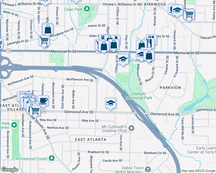 map of restaurants, bars, coffee shops, grocery stores, and more near 410 Greencove Lane Southeast in Atlanta