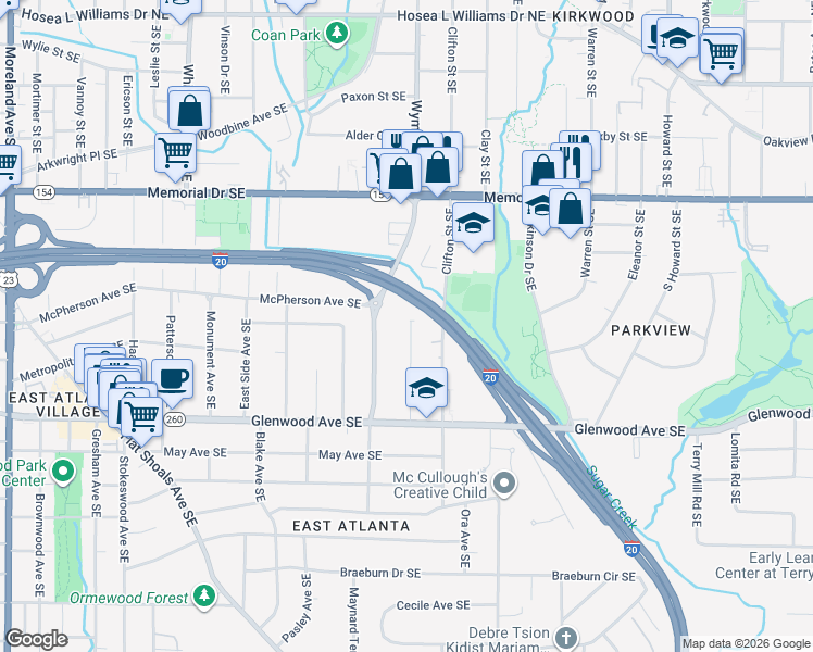 map of restaurants, bars, coffee shops, grocery stores, and more near 410 Greencove Lane Southeast in Atlanta