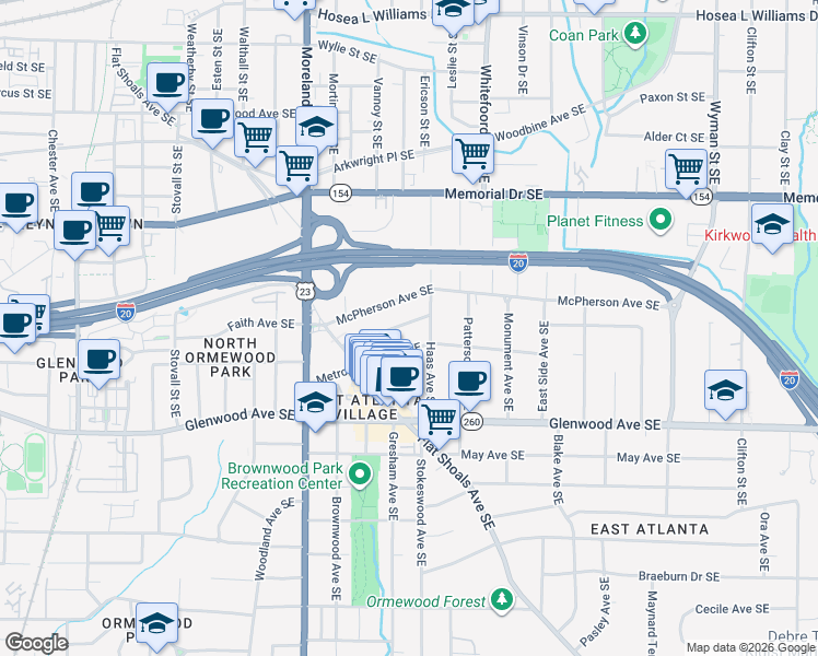 map of restaurants, bars, coffee shops, grocery stores, and more near 1303 Metropolitan Avenue Southeast in Atlanta