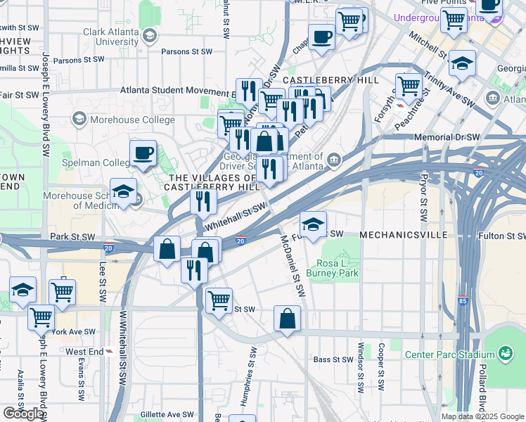 map of restaurants, bars, coffee shops, grocery stores, and more near 524 Whitehall Street Southwest in Atlanta