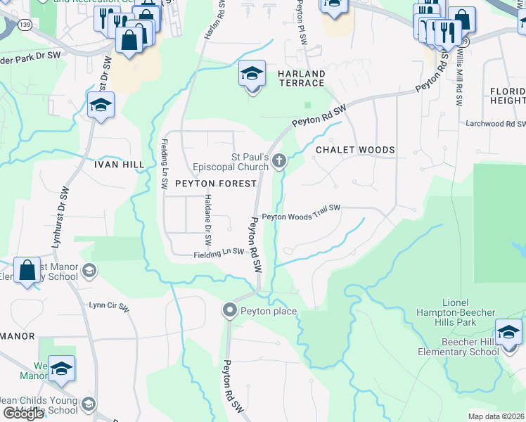 map of restaurants, bars, coffee shops, grocery stores, and more near 474 Peyton Road Southwest in Atlanta