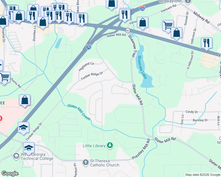 map of restaurants, bars, coffee shops, grocery stores, and more near 1004 Haven Circle in Douglasville