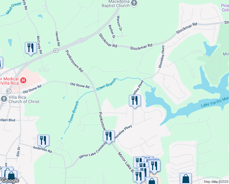 map of restaurants, bars, coffee shops, grocery stores, and more near 511 Punkintown Road in Villa Rica