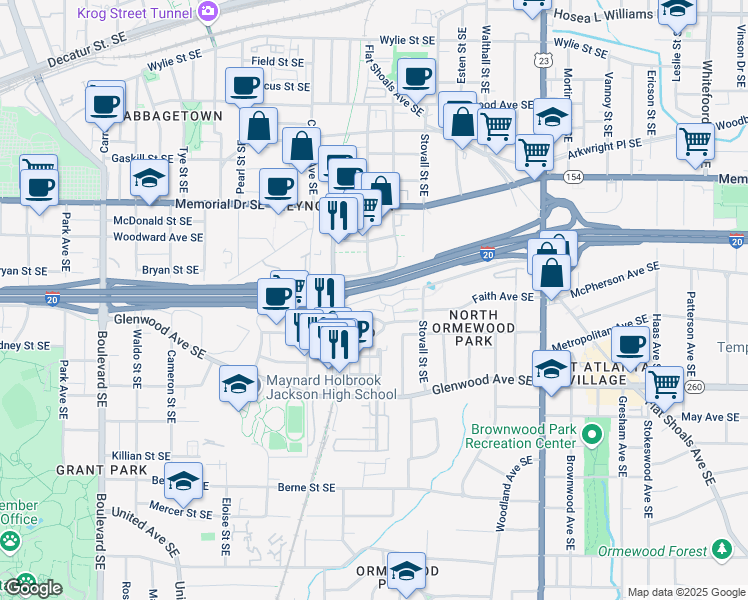 map of restaurants, bars, coffee shops, grocery stores, and more near 943 North Ormewood Park Drive in Atlanta