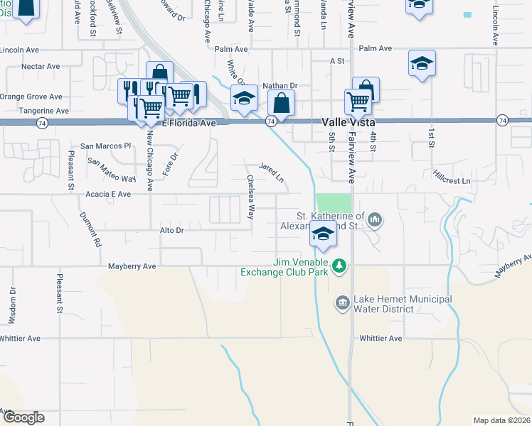 map of restaurants, bars, coffee shops, grocery stores, and more near 43695 Rassle Drive in Hemet