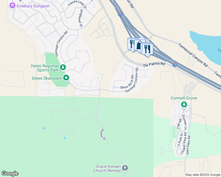 map of restaurants, bars, coffee shops, grocery stores, and more near 25941 Woodpecker Lane in Corona