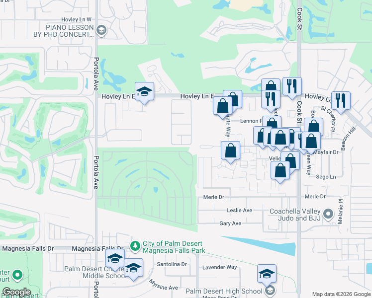 map of restaurants, bars, coffee shops, grocery stores, and more near 74498 Azurite Circle East in Palm Desert