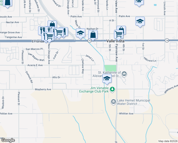 map of restaurants, bars, coffee shops, grocery stores, and more near 43731 Payne Avenue in Hemet