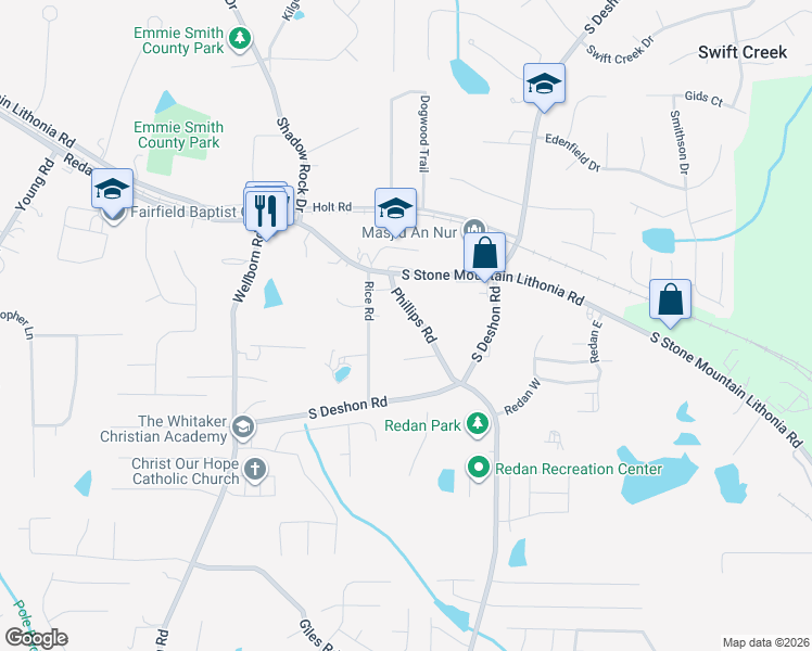 map of restaurants, bars, coffee shops, grocery stores, and more near 1661 Phillips Road in Lithonia
