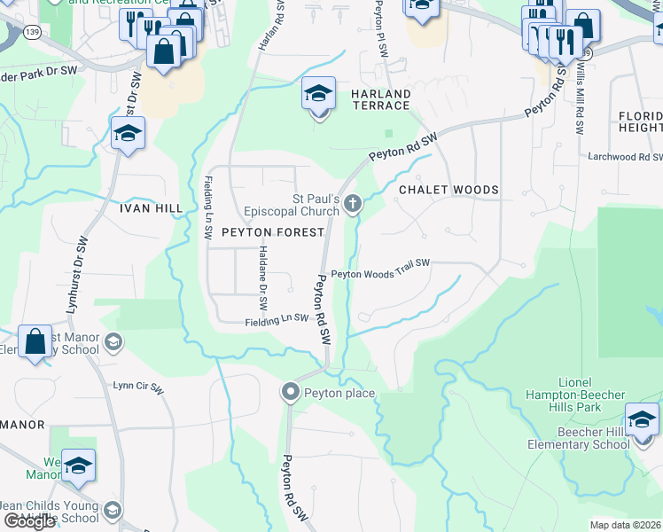 map of restaurants, bars, coffee shops, grocery stores, and more near 474 Peyton Road Southwest in Atlanta