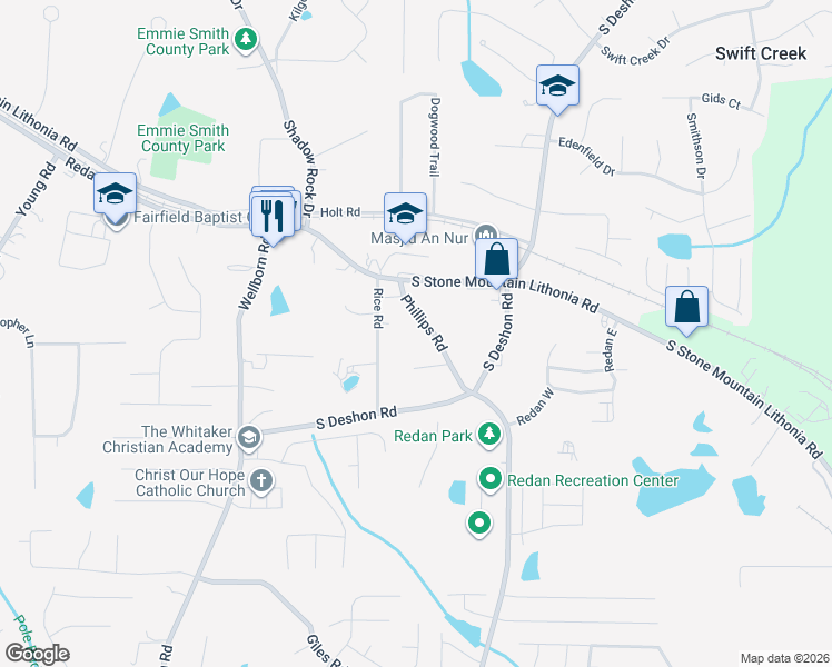 map of restaurants, bars, coffee shops, grocery stores, and more near 1661 Phillips Road in Lithonia
