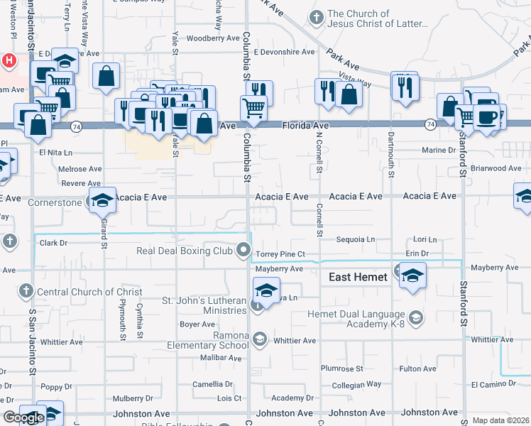 map of restaurants, bars, coffee shops, grocery stores, and more near 41067 Beachwood Avenue in Hemet