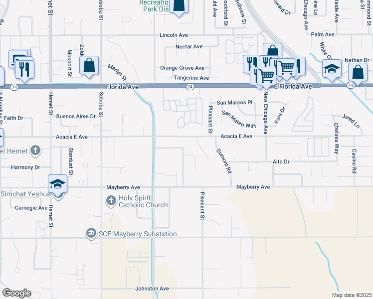 map of restaurants, bars, coffee shops, grocery stores, and more near 26048 Avenida Hortensia in Hemet