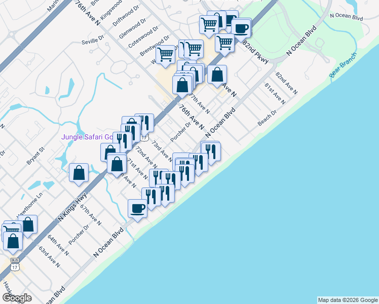 map of restaurants, bars, coffee shops, grocery stores, and more near 208 74th Avenue North in Myrtle Beach