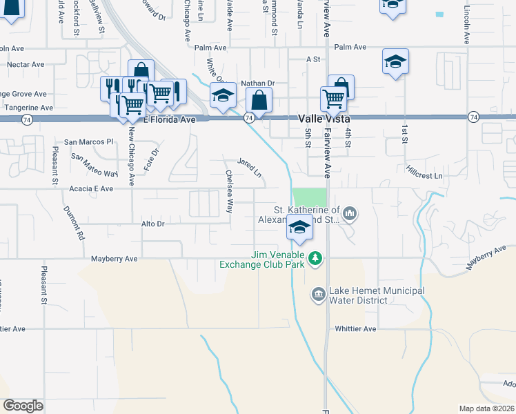 map of restaurants, bars, coffee shops, grocery stores, and more near 43745 Rassle Drive in Hemet