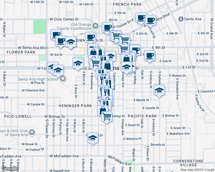 map of restaurants, bars, coffee shops, grocery stores, and more near 301 South Main Street in Santa Ana