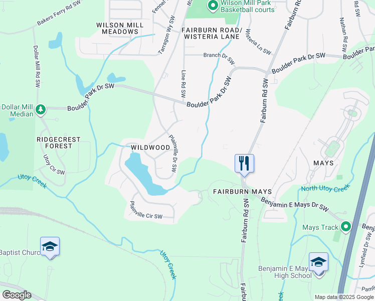 map of restaurants, bars, coffee shops, grocery stores, and more near 405 Fairburn Road Southwest in Atlanta
