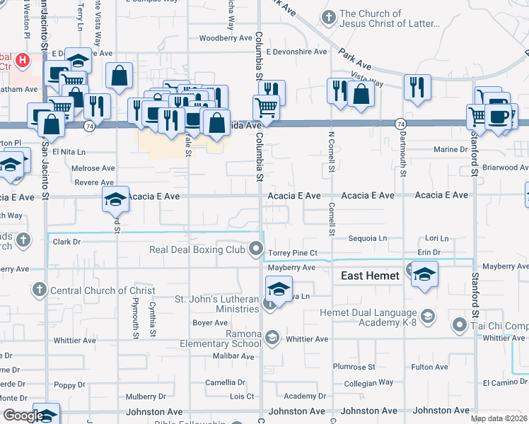 map of restaurants, bars, coffee shops, grocery stores, and more near 26135 Columbia Street in Hemet