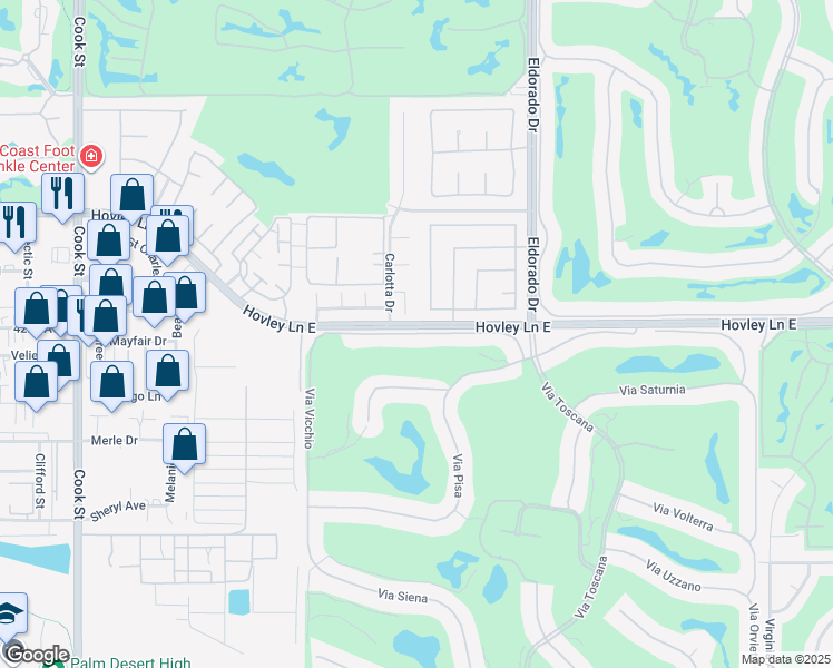 map of restaurants, bars, coffee shops, grocery stores, and more near 75757 Via Stia in Indian Wells