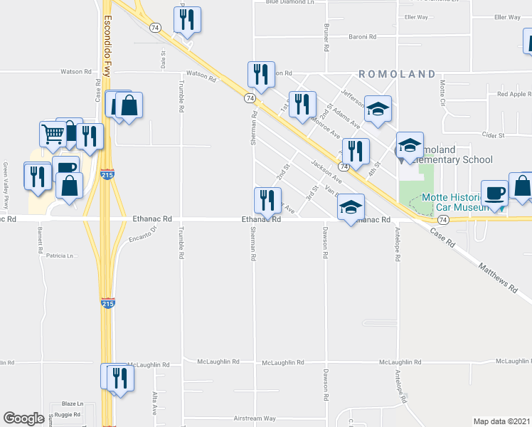 map of restaurants, bars, coffee shops, grocery stores, and more near 27536 Ethanac Road in Menifee