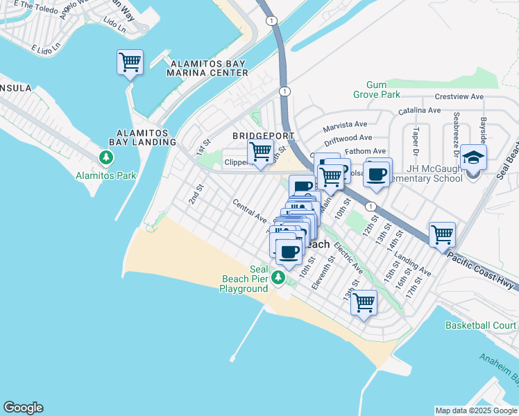 map of restaurants, bars, coffee shops, grocery stores, and more near 209 6th Street in Seal Beach