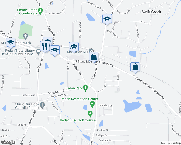 map of restaurants, bars, coffee shops, grocery stores, and more near 2023 South Deshon Road in Lithonia