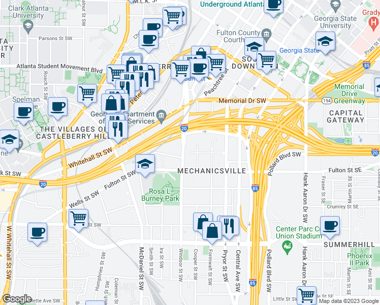 map of restaurants, bars, coffee shops, grocery stores, and more near Eugenia Street Southwest in Atlanta