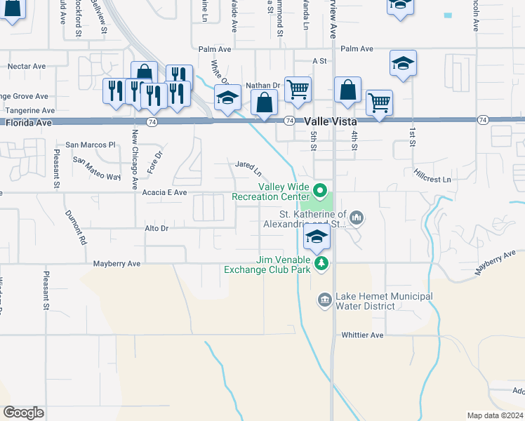 map of restaurants, bars, coffee shops, grocery stores, and more near 43745 Rassle Drive in Hemet