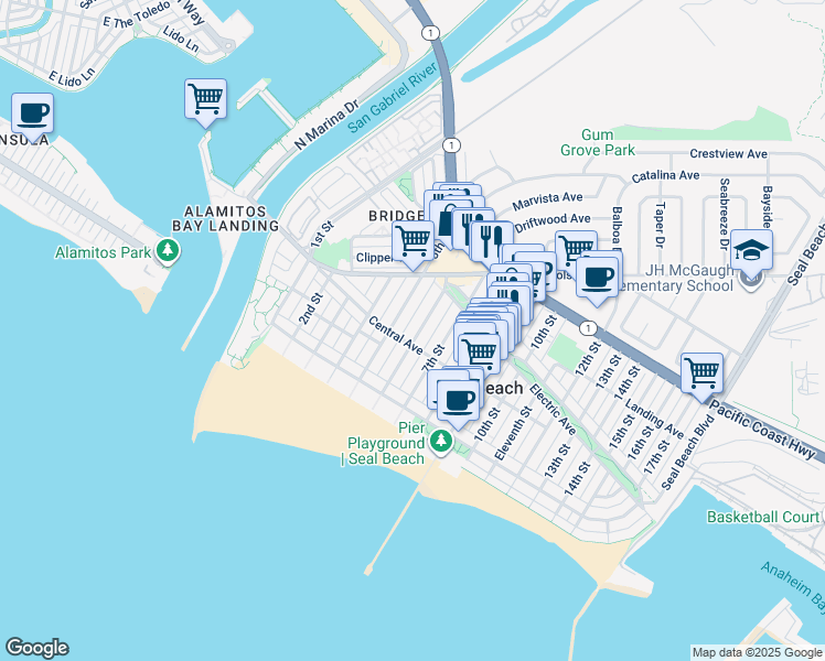 map of restaurants, bars, coffee shops, grocery stores, and more near 209 6th Street in Seal Beach