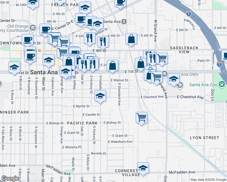 map of restaurants, bars, coffee shops, grocery stores, and more near 802 East Pine Street in Santa Ana