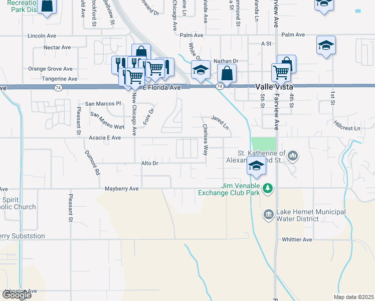 map of restaurants, bars, coffee shops, grocery stores, and more near 43531 Acacia East Avenue in Hemet