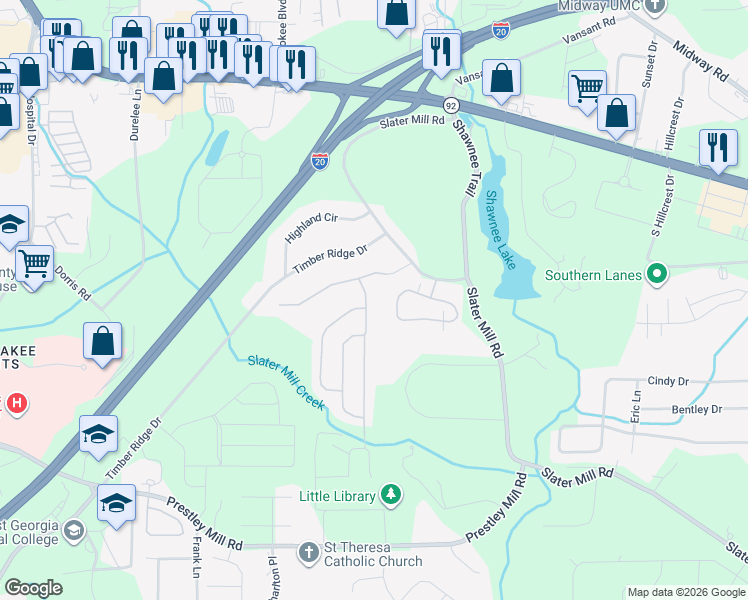 map of restaurants, bars, coffee shops, grocery stores, and more near 8714 Hamil Court in Douglasville