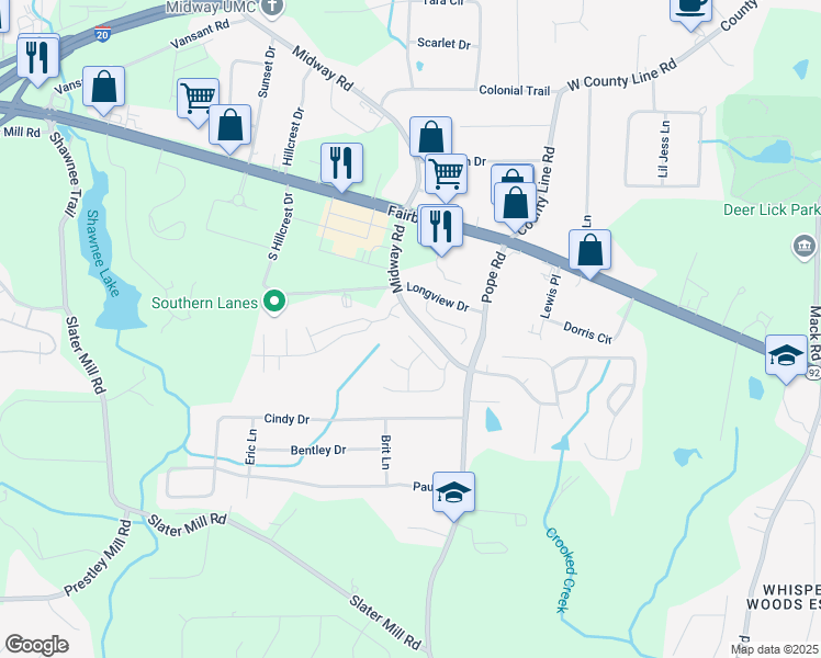 map of restaurants, bars, coffee shops, grocery stores, and more near 2288 Midway Road in Douglasville
