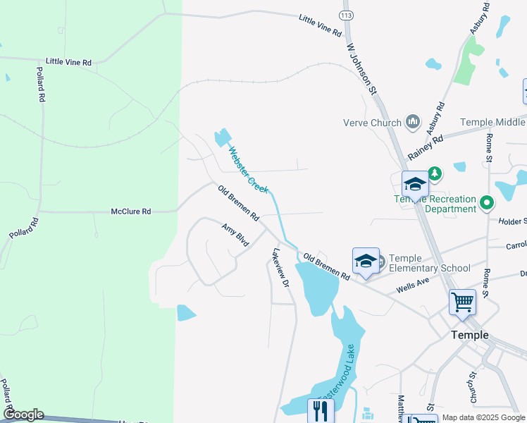 map of restaurants, bars, coffee shops, grocery stores, and more near 531 Old Bremen Road in Temple
