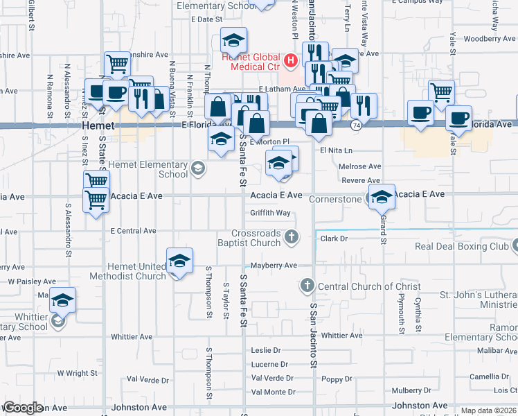 map of restaurants, bars, coffee shops, grocery stores, and more near 926 Griffith Way in Hemet
