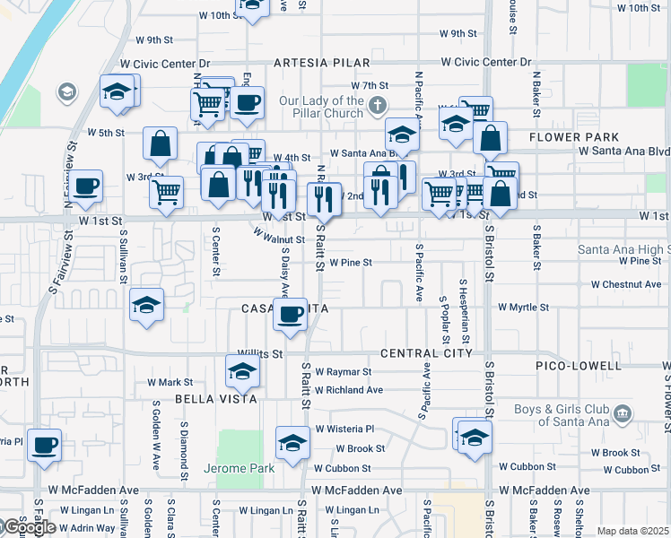 map of restaurants, bars, coffee shops, grocery stores, and more near 1722 West Pine Street in Santa Ana