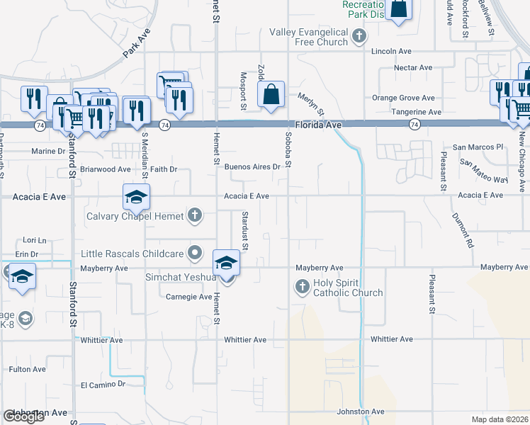 map of restaurants, bars, coffee shops, grocery stores, and more near 26060 Fiesta Place in Hemet