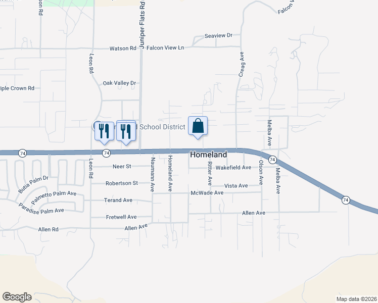 map of restaurants, bars, coffee shops, grocery stores, and more near California 74 in Homeland