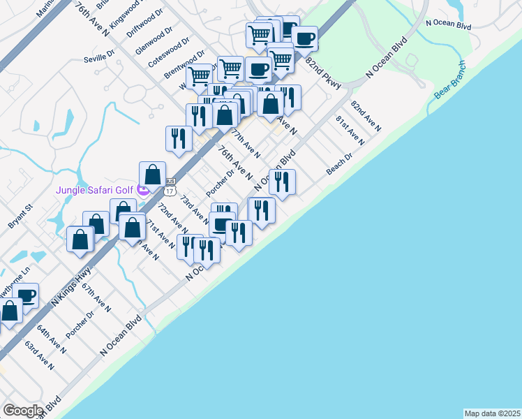 map of restaurants, bars, coffee shops, grocery stores, and more near 201 75th Avenue North in Myrtle Beach