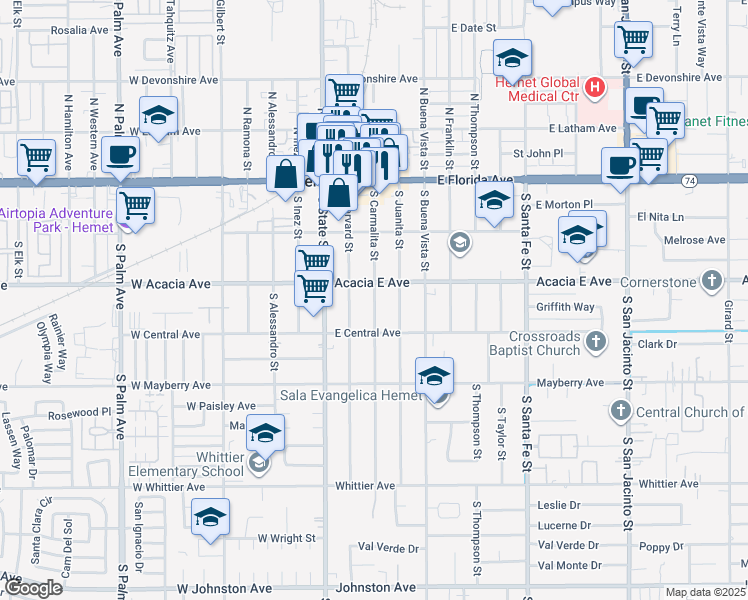 map of restaurants, bars, coffee shops, grocery stores, and more near 251 South Carmalita Street in Hemet