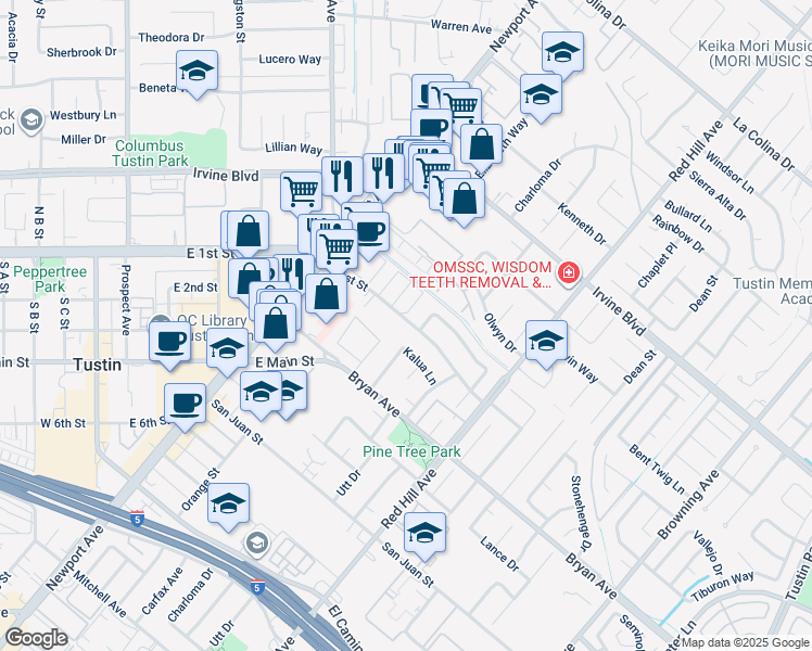map of restaurants, bars, coffee shops, grocery stores, and more near 1201 East 1st Street in Tustin