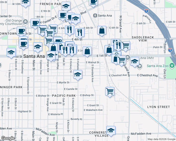 map of restaurants, bars, coffee shops, grocery stores, and more near 802 East Pine Street in Santa Ana
