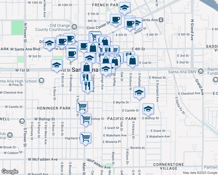 map of restaurants, bars, coffee shops, grocery stores, and more near 320 East Walnut Street in Santa Ana