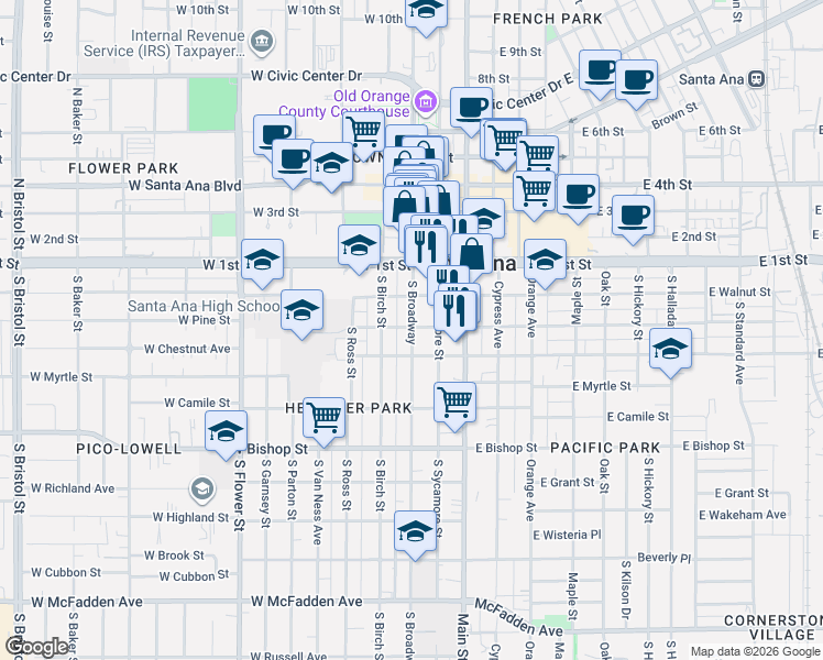 map of restaurants, bars, coffee shops, grocery stores, and more near 212 South Broadway in Santa Ana
