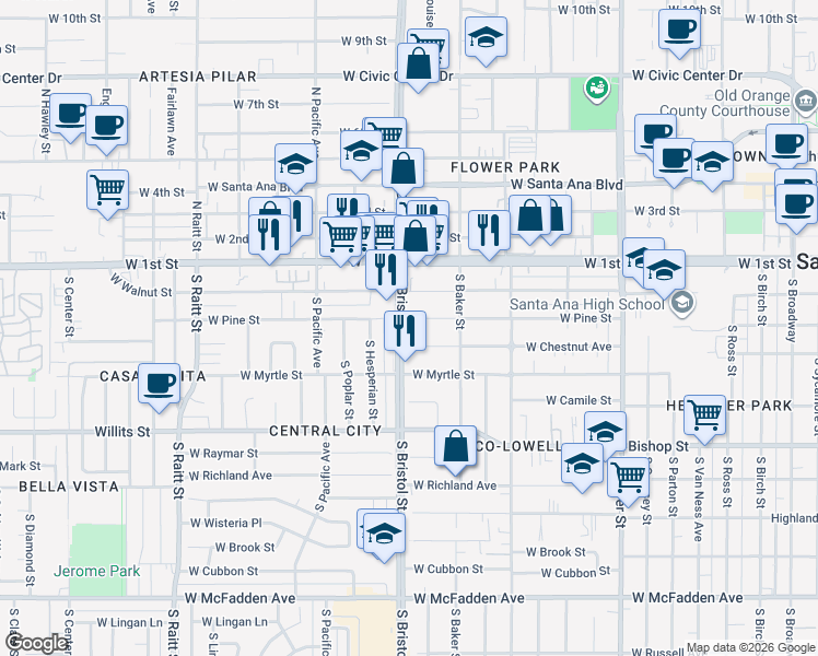 map of restaurants, bars, coffee shops, grocery stores, and more near 217 South Bristol Street in Santa Ana