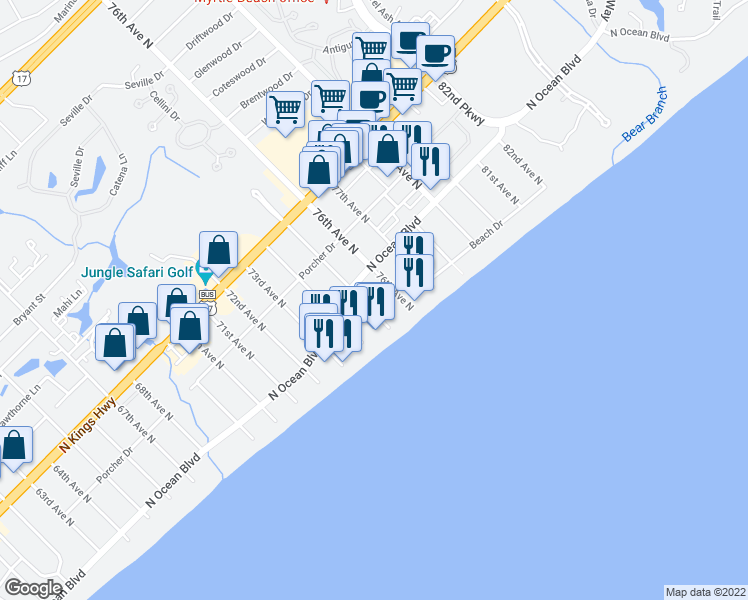 map of restaurants, bars, coffee shops, grocery stores, and more near 219 76th Avenue North in Myrtle Beach